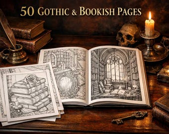 Gothic Library Coloring Book, 50 coloring Pages, (instant download)