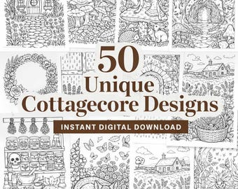 Cottagecore Coloring Book for Adults | 50 Mushroom Fairy Botanical Line Art Designs (Digital Download)