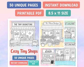 Cozy Tiny Shops Coloring Book, 50 Unique Pages (PDF Pattern)