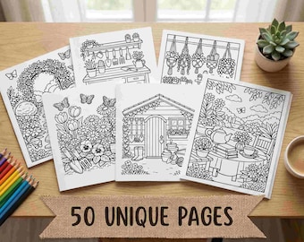 Cozy Garden Life Adult Coloring Book, 50 Relaxing Nature Scenes (Digital Download PDF)