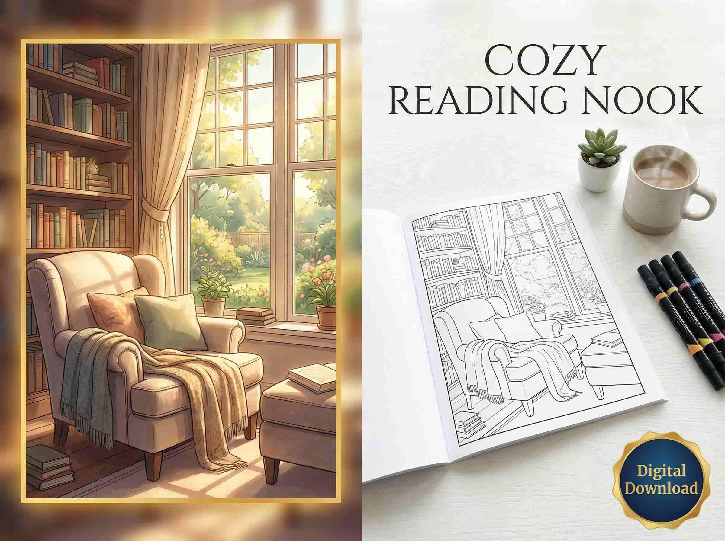 Cozy Reading Nook Coloring Pages for Adults, Book Lover Stress Relief ...