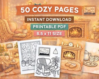 Hygge Coloring Book, 50 Cozy Pages, Simple Line Art (Printable PDF)