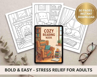 Cozy Reading Nook Coloring Pages for Adults, Book Lover Stress Relief (Digital Download)
