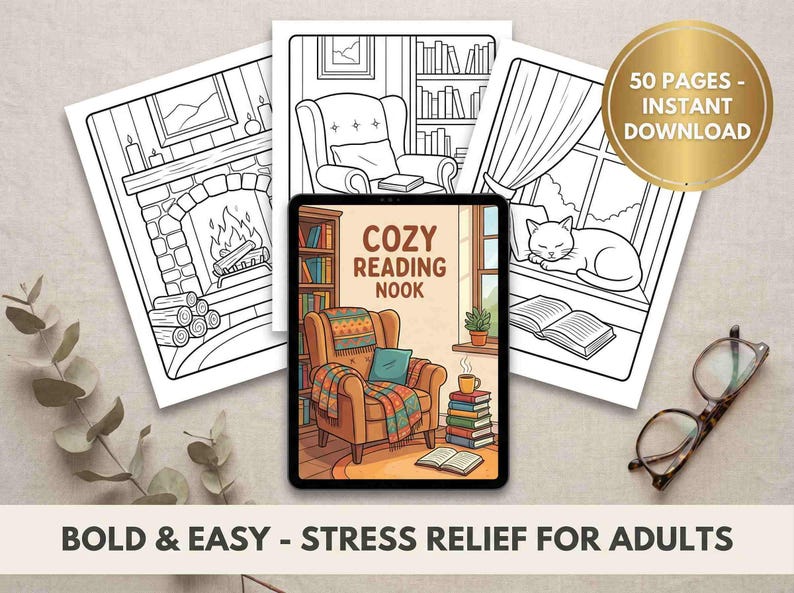 Cozy Reading Nook Coloring Pages for Adults, Book Lover Stress Relief ...