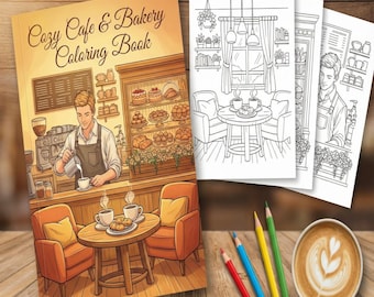 Cozy Café Bakery Coloring Book | 50 Pages Coffee Shop Scenes (Digital Download)