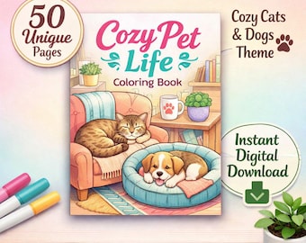 50 Cozy Pet Life Coloring Pages for Adults, Animal Lover Relaxation (Digital Download)