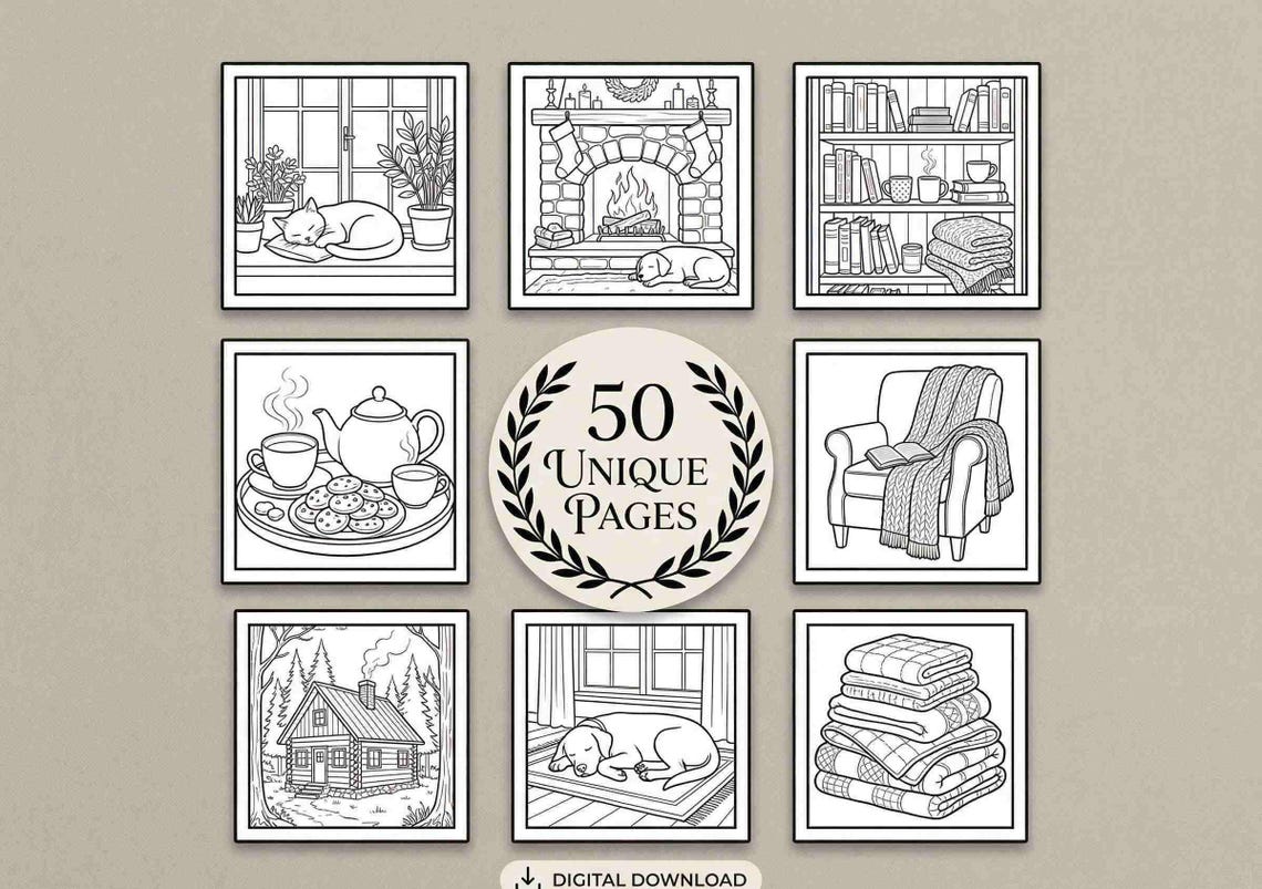 Cozy Reading Nook Coloring Pages for Adults, Book Lover Stress Relief ...