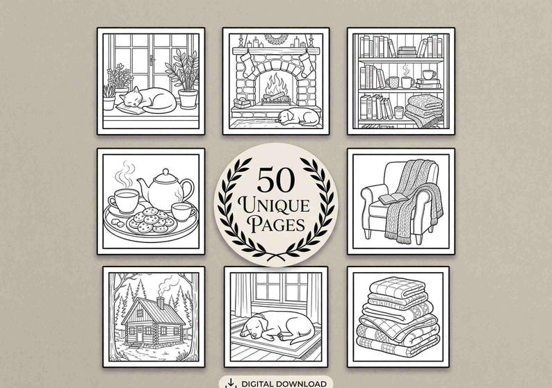 Cozy Reading Nook Coloring Pages for Adults, Book Lover Stress Relief ...