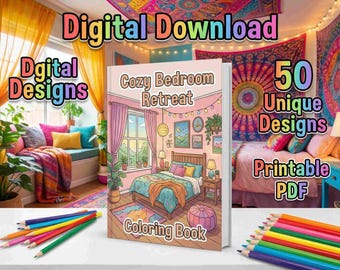 Cozy Bedroom Retreat Adult Coloring Book, 50 Unique Interior Scenes (Digital Download PDF)