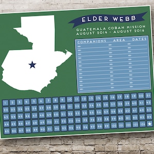 May include: A green and blue chart with the title "Elder Webb Guatemala Coban Mission August 2014 - August 2016". The chart has columns labelled "Companions", "Area", and "Dates". A white outline of Guatemala is shown on the left side of the chart with a blue star in the centre.