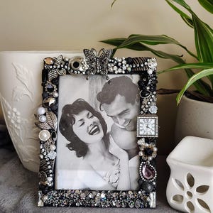 Artisan Photo Frame Repurposed Jewelry Black Silver 5x7 Tabletop Wall Mount
