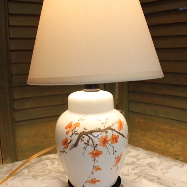 Oriental Ginger Jar Lamp - Cherry Blossoms - Vintage White Ceramic Ginger Jar Table Lamp