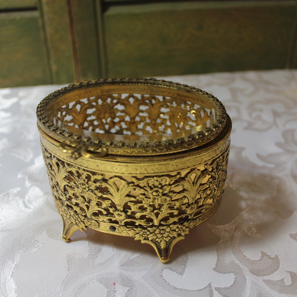 Vintage Oval Gilt Ormolu Jewelry Box - Jewelry Casket - Dresser, Trinket Box - Hinged Beveled Glass Lid