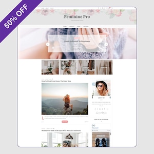 Op de afbeelding: Een website-ontwerp met de tekst "Feminine Pro" en "Listen: In Pursuit To Happiness". De pagina bevat artikelen met titels als "How To Work From Home, The Right Way" en "Women Who Seek To Be Equal With Men Lock Ambition". Een paarse banner leest "50% OFF".