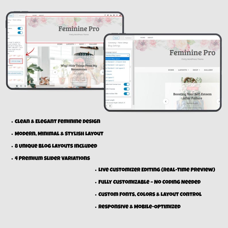 Op de afbeelding: Twee tablets tonen een website-ontwerp met de tekst "Feminine Pro". Het ontwerp heeft een bloemenkop, bloglayouts en de tekst "Boosting Your Self-Esteem After Failure". Extra tekst benadrukt functies zoals een strak ontwerp, aanpasbare opties en mobiele optimalisatie.