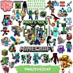 以下が含まれることがあります： Minecraftをテーマにしたデジタルグラフィックのコレクション。スティーブ、ゾンビ、クリーパー、Minecraftのロゴなど、ゲームのキャラクター、ロゴ、要素が含まれています。また、アルファベット、数字、テキスト「PNG/SVG/DXF」も含まれています。