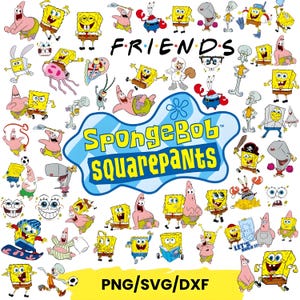 Op de afbeelding: Een verzameling kleurrijke cartoonkarakterafbeeldingen uit de animatieserie SpongeBob SquarePants. De afbeelding bevat de titel van de show, het woord "FRIENDS" en de bestandstypen PNG, SVG en DXF.