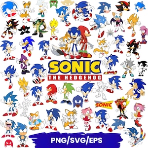 May include: A collection of various cartoon character illustrations from the Sonic the Hedgehog franchise. The characters are in different poses and styles, with the words "SONIC THE HEDGEHOG" and "PNG/SVG/EPS" displayed. The characters are in blue, red, yellow, and other colors.