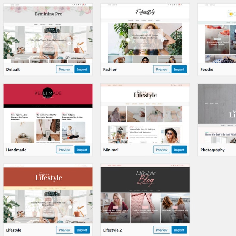 Op de afbeelding: Een raster van website-ontwerpsjablonen, elk met een ander thema. Thema's zijn onder meer "Feminine Pro", "Fashion", "Foodie", "Handmade", "Minimal", "Photography", "Lifestyle" en "Lifestyle Blog". Elke sjabloon heeft een "Preview" en "Import" knop.