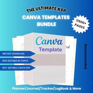 Puede incluir: Un conjunto de plantillas de Canva en una caja blanca con el texto "Canva Template" en verde azulado y morado. La imagen incluye el texto "The Ultimate KDP Canva Templates Bundle" y "11500+ páginas". El texto adicional incluye "Descarga instantánea" y "100% editable en Canva".