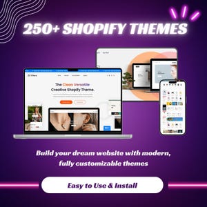 Könnte beinhalten: Werbebild für Shopify-Themes mit einem Laptop, Tablet und Smartphone, die Website-Designs anzeigen. Der Text lautet "250+ Shopify Themes", "Build your dream website with modern, fully customizable themes" und "Easy to Use & Install."