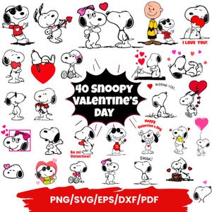 May include: A collection of 40 Snoopy-themed Valentine's Day graphics in black and white, with red accents. Snoopy is depicted in various poses, holding hearts and wearing sunglasses. Text includes "40 Snoopy Valentine's Day" and file type options.