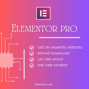 Puede incluir: Gráfico digital con un fondo degradado de rojo, rosa y morado. El texto "ELEMENTOR PRO" se muestra en blanco, junto con una lista de características: "USE ON UNLIMITED WEBSITES", "INSTANT DOWNLOAD", "LIFE TIME UPDATE" y "ONE-TIME PAYMENT".