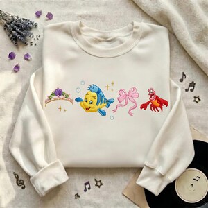 Embroidered Little Mermaid Ariel Coquette Sweatshirt, Retro Flounder and Sebastian Sweatshirt, Family Vacation Shirt, Disneyland Trip Shirt image 2