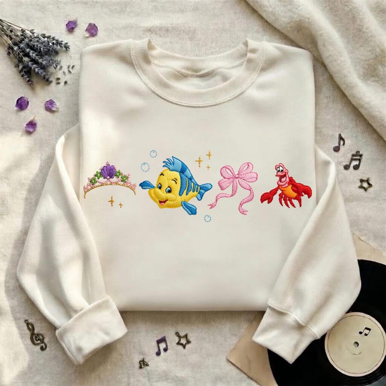 Embroidered Little Mermaid Ariel Coquette Sweatshirt, Retro Flounder and Sebastian Sweatshirt, Family Vacation Shirt, Disneyland Trip Shirt image 2