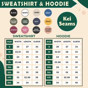 Pu&ograve; includere: Tabella delle taglie per felpe e felpe con cappuccio, con opzioni di colore e misure in centimetri. Le taglie vanno dalla S alla 5XL, con misure di larghezza, lunghezza e maniche. &Egrave; visibile anche il marchio "Kei Seams".