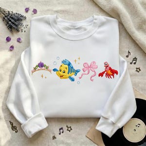 Embroidered Little Mermaid Ariel Coquette Sweatshirt, Retro Flounder and Sebastian Sweatshirt, Family Vacation Shirt, Disneyland Trip Shirt image 1