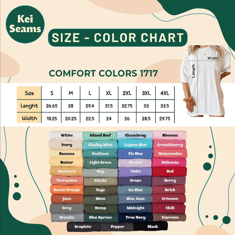 Puede incluir: Una tabla de tallas y colores para camisetas Comfort Colors 1717. La tabla muestra las tallas de la S a la 4XL con medidas de largo y ancho en pulgadas. Debajo, una cuadr&iacute;cula muestra camisetas dobladas en varios colores con etiquetas.