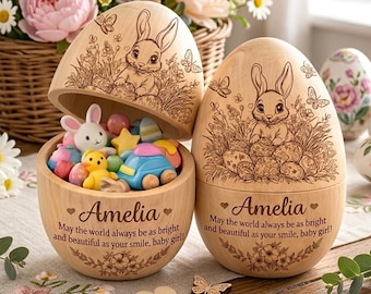 Personalized Fillable Wooden Easter Egg, Custom Name Engraved Hollow Egg 2026, First Easter Gift 2026 Natural Wood Keepsake