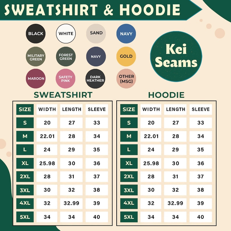 May include: A graphic displaying colour options and size charts for sweatshirts and hoodies. The colour options include black, white, navy, and other colours. The size chart lists sizes S to 5XL with measurements in inches for width, length, and sleeve.