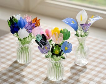 Mini Glass Flower Bouquet Set-Birth Month Flowers, Handcrafted Glass Figurine, Mother’s Day Gift, Home Decor, Gifts for her, Daisy Flower
