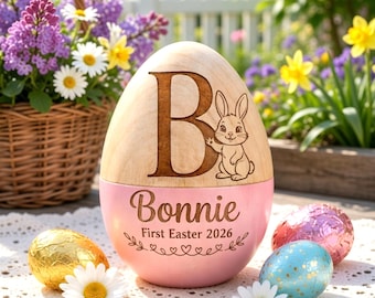 Personalized Wooden Easter Egg, Custom Name Engraved Hollow Egg Keepsake, Easter Basket Stuffer For Kids, Toddler Easter Gift