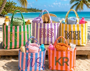 Personalized Tote Bag Striped, Embroidered Custom Name Beach Bag, Reusable Shopper Bag, Bridesmaid Gift, Future Bride Gift, Bridal Beach Bag