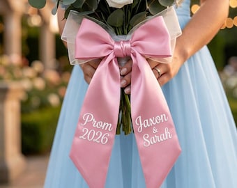 Personalized Prom 2026 Satin Bouquet Sash, Embroidered Bouquet Wrap, Custom Name Couple Decoration, Flower Bouquet Ribbon, Gift for Her