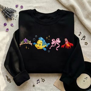 Embroidered Little Mermaid Ariel Coquette Sweatshirt, Retro Flounder and Sebastian Sweatshirt, Family Vacation Shirt, Disneyland Trip Shirt image 4