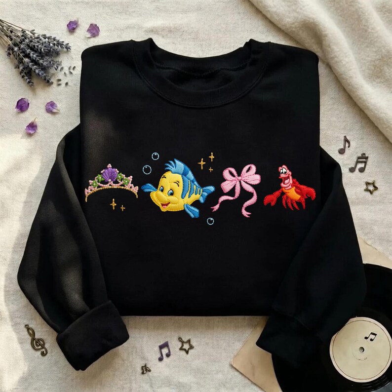 Embroidered Little Mermaid Ariel Coquette Sweatshirt, Retro Flounder and Sebastian Sweatshirt, Family Vacation Shirt, Disneyland Trip Shirt image 4