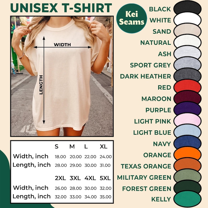 May include: A beige unisex t-shirt with size and colour options. The shirt's width ranges from 45.7 to 81.3 cm, and the length from 71.1 to 88.9 cm. Colour options include black, white, sand, natural, ash, sport grey, and more.