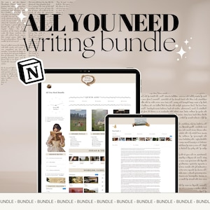 Puede incluir: Un paquete de escritura digital que se muestra en dos tabletas. El texto "ALL YOU NEED Writing bundle" está en la parte superior. Las pantallas muestran un rastreador de escritura, ideas de historias y recursos. Una pegatina con la letra "N" está en la esquina superior izquierda.