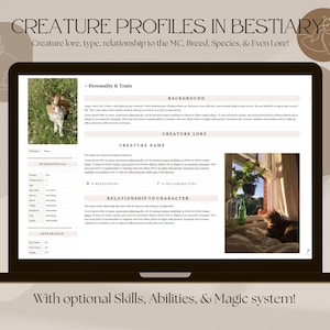 May include: A laptop screen displays a digital document titled "CREATURE PROFILES IN BESTIARY." The document includes sections for creature lore, traits, and relationships. Images of a cat are included. Text at the bottom reads: "With optional Skills, Abilities, & Magic system!"