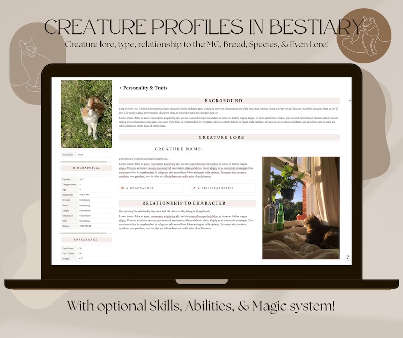 May include: A laptop screen displays a digital document titled "CREATURE PROFILES IN BESTIARY." The document includes sections for creature lore, traits, and relationships. Images of a cat are included. Text at the bottom reads: "With optional Skills, Abilities, & Magic system!"