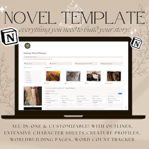 May include: A laptop screen displays a "Novel Template" with the text "everything you need to build your story!" The screen shows a fantasy novel planner with outlines, character sheets, creature profiles, worldbuilding pages, and a word count tracker.