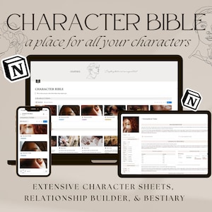 Può includere: Una visualizzazione digitale di una "Character Bible" su un laptop, tablet e smartphone. Gli schermi mostrano schede dei personaggi e il testo "Character Bible, a place for all your characters". L'immagine include anche il testo "Extensive character sheets, relationship builder, & bestiary."