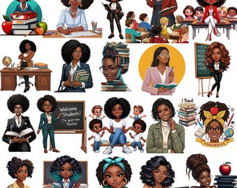 Pacote de imagens PNG de professoras negras, clipart de professoras afro, gráficos para conselheiras educacionais em sala de aula.