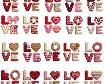 Pacote de PNGs com estampa de amor em tricô de fios sintéticos, designs aconchegantes para sublimação em estilo cottagecore, download de PNGs com textura macia de tricô.