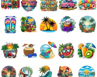 Pacote de imagens PNG tropicais, design de praia com palmeiras, pacote de clipart de verão, PNG para sublimação, estampa para camisetas, imagens tropicais em formato DTF