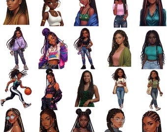 Pacote de imagens PNG de penteados com tranças, clipart de mulher negra afro, tranças box braids e tranças sem nó para sublimação.
